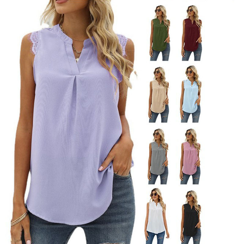 Women's Solid Color Shirt Loose Sleeveless Lace Blouses