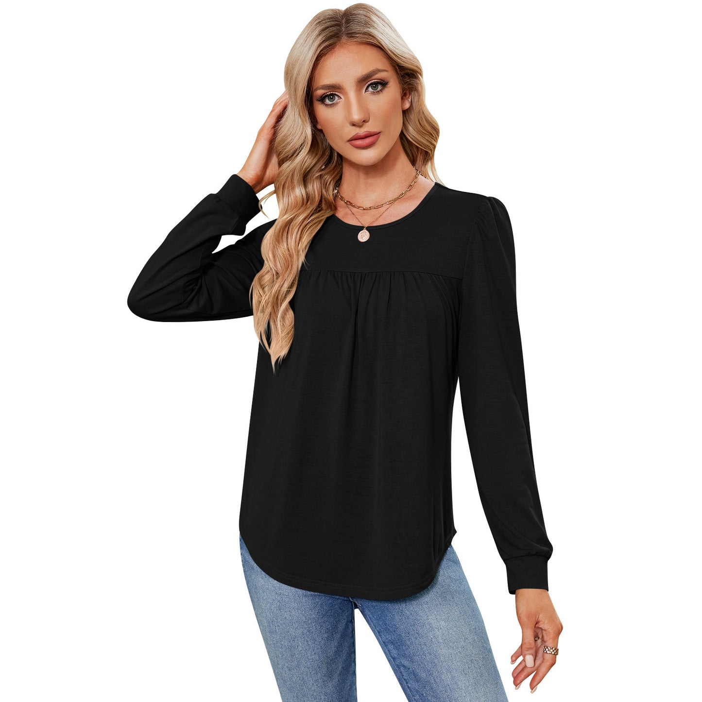 Women's Long Sleeve Round Neck Puff Pleated Blouses