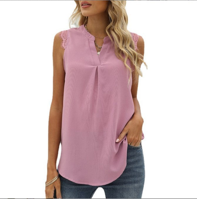 Women's Solid Color Shirt Loose Sleeveless Lace Blouses