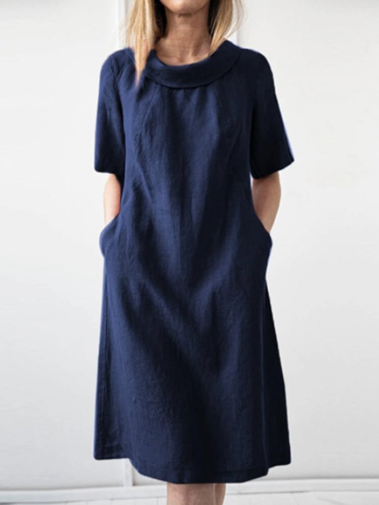 Women's Loose Solid Color Cotton Linen Sleeve Dresses