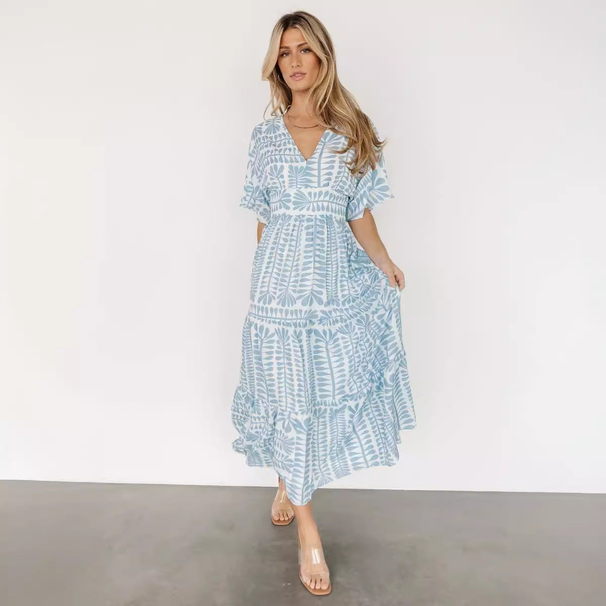 Langes, gestreiftes Retro-Kleid für Damen im Bohemian-Stil mit hoher Taille und bedruckten Ärmeln