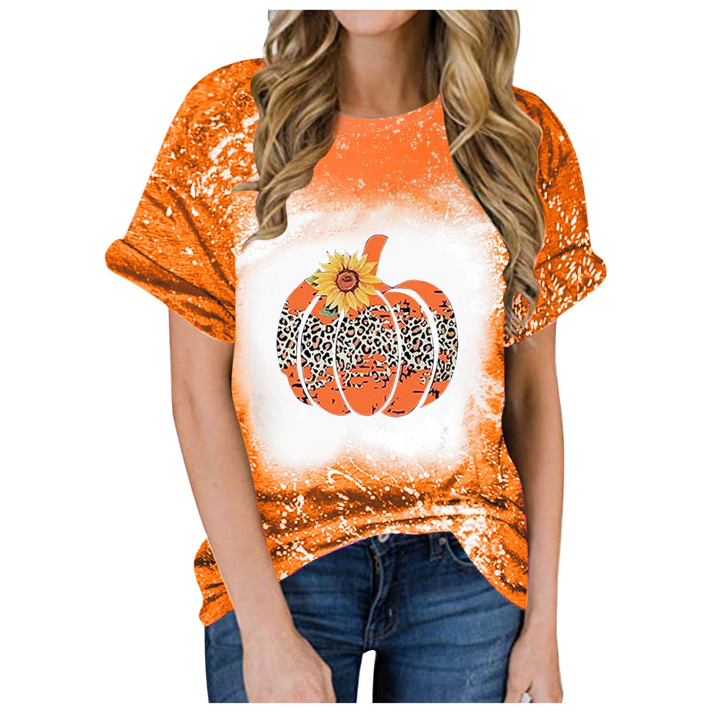 Kurzärmlige T-Shirt-Blusen mit Halloween-Kürbis-Aufdruck für Damen im Sommer