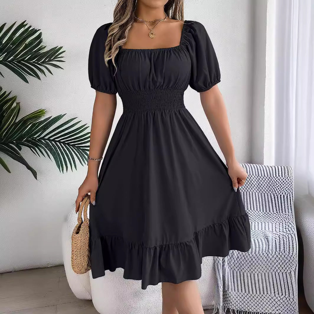 Women's Casual Square Collar Sleeve Waist Trimming Ruffles Dresses