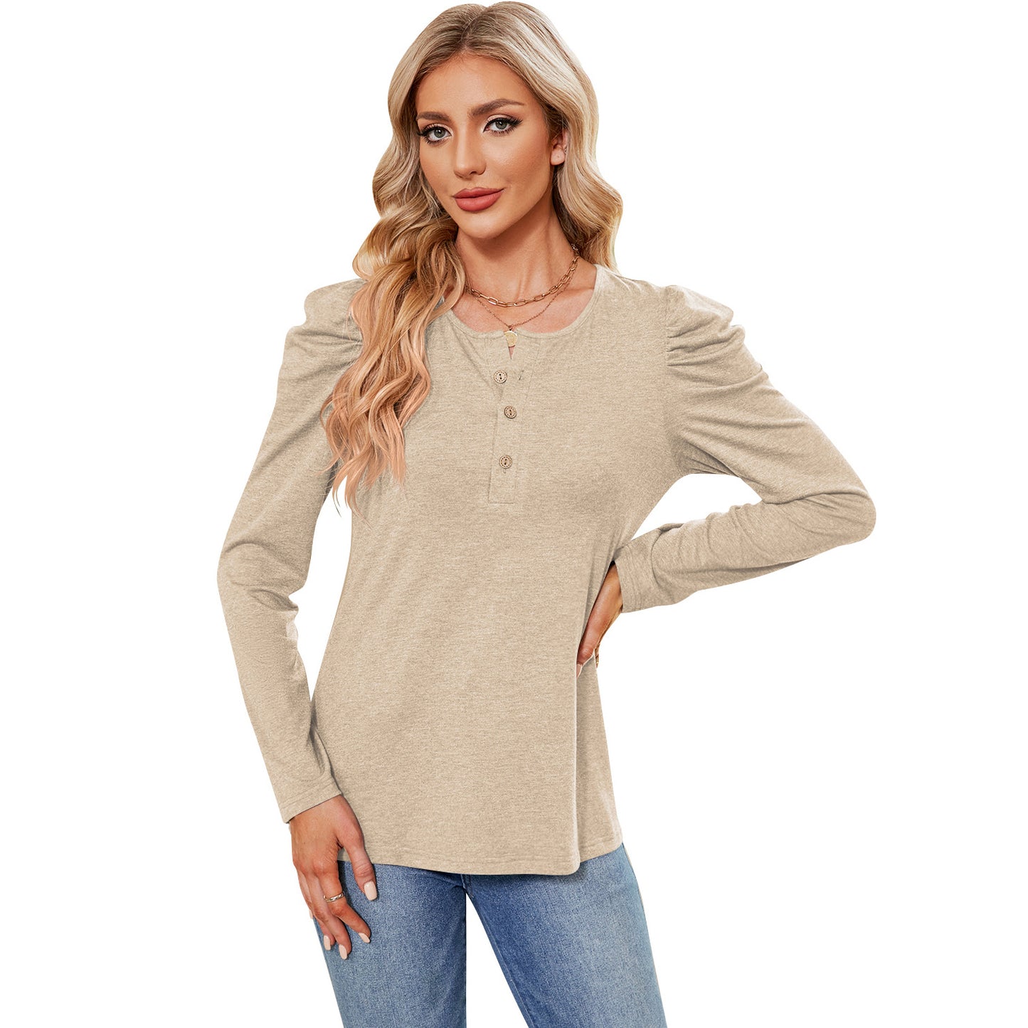 Women's Color Buttons Round Neck Puff Sleeve Tops