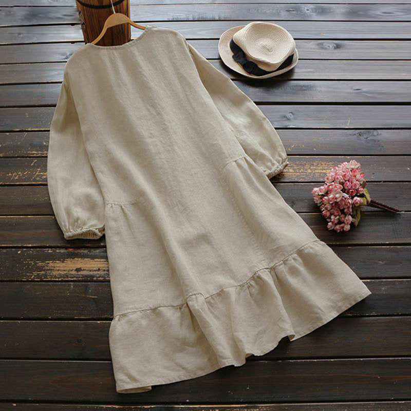 Women's Style Solid Color Cotton Linen Dress Patchwork Ruffled Dresses