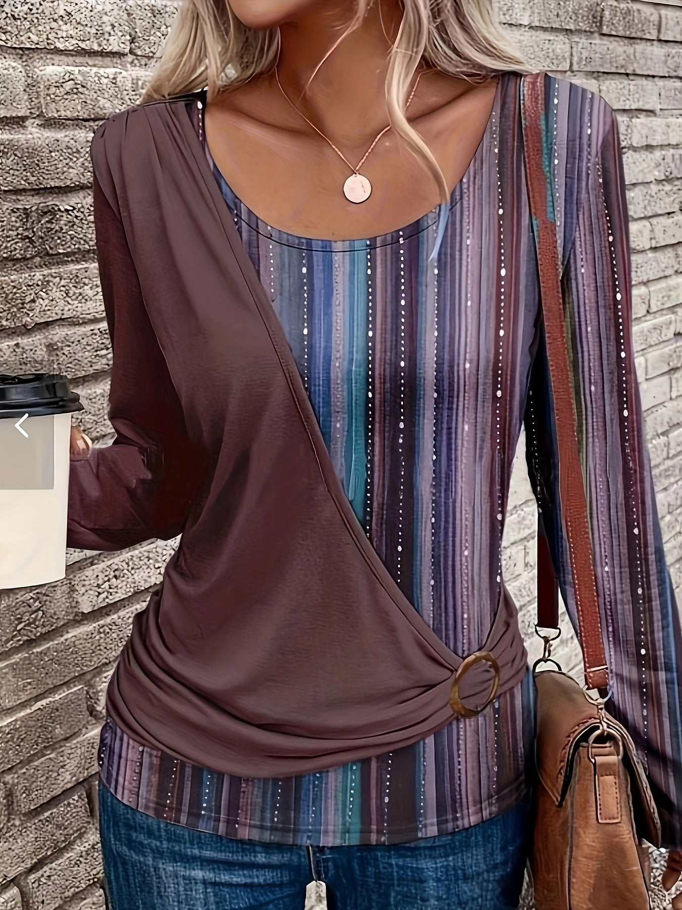 Women's Round Neck Solid Color Stitching Printing Casual Blouses