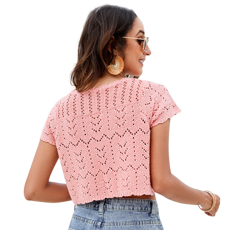 Sexy Navel Knitted Solid Color Short-sleeved Shorts