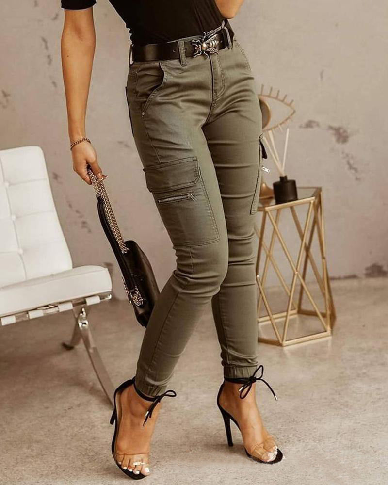 Pantalon à poches de couleur unie pour femmes, taille basse, boutons