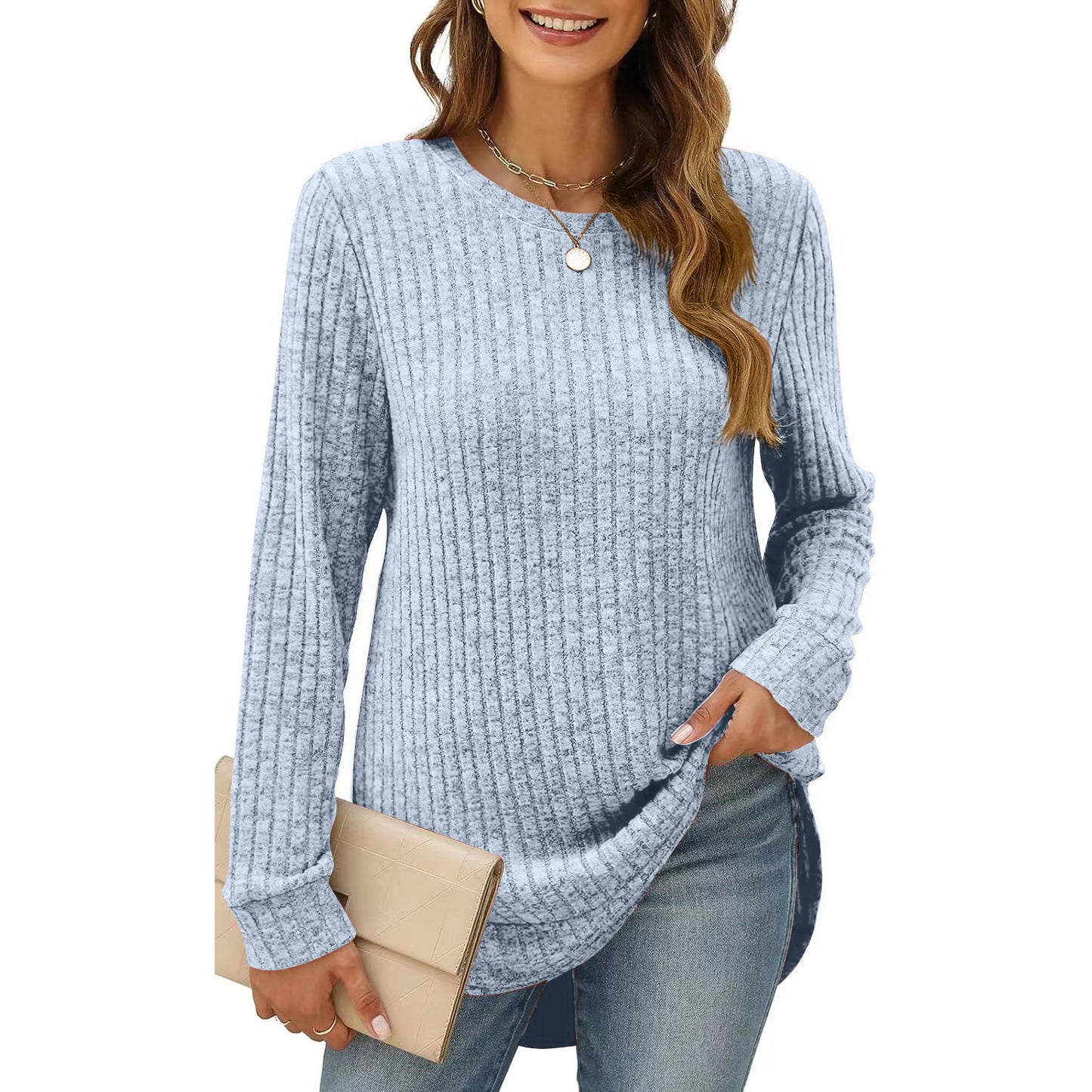 Women's Color Round Neck Long Sleeve Brushed Blouses