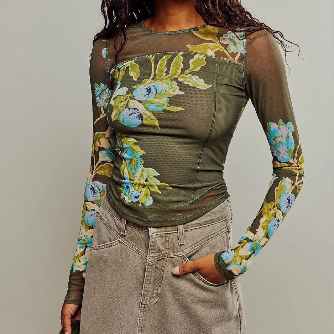 Mesh Digital Printed Flowers Slim Fit Long-sleeved Blouses