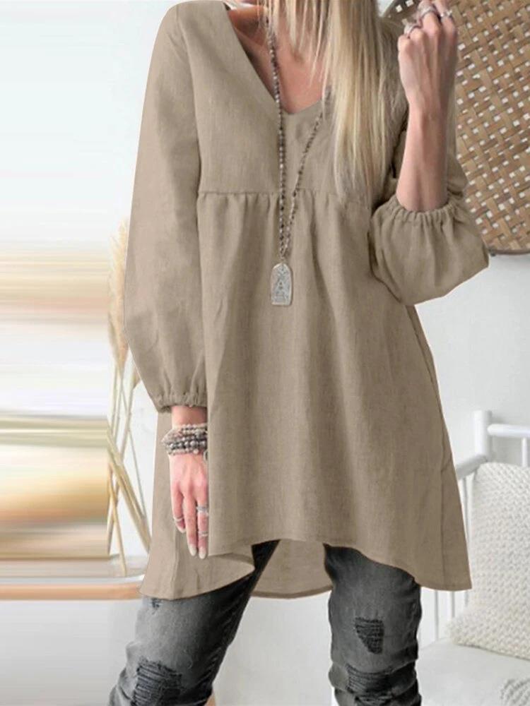 Women's Loose Cotton Linen Casual Shirt Dress Blouses