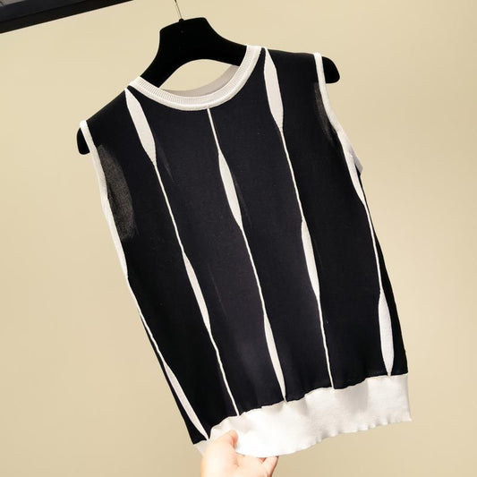 Women's Contrast Color Striped Ice Silk Outer Wear Sleeveless For Knitwear