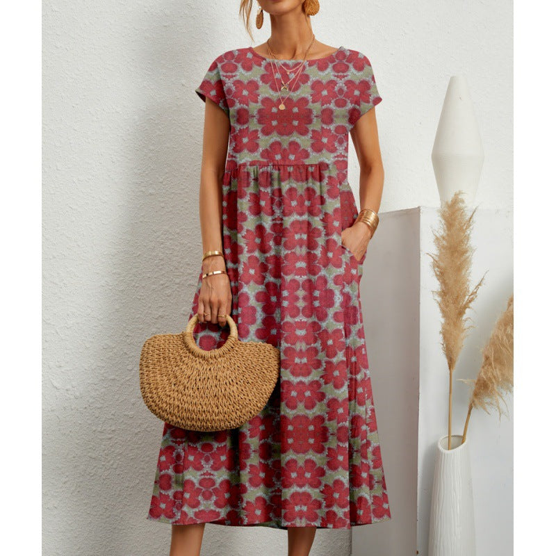 Women's Linen Sleeveless Round Neck Printed Summer Dresses