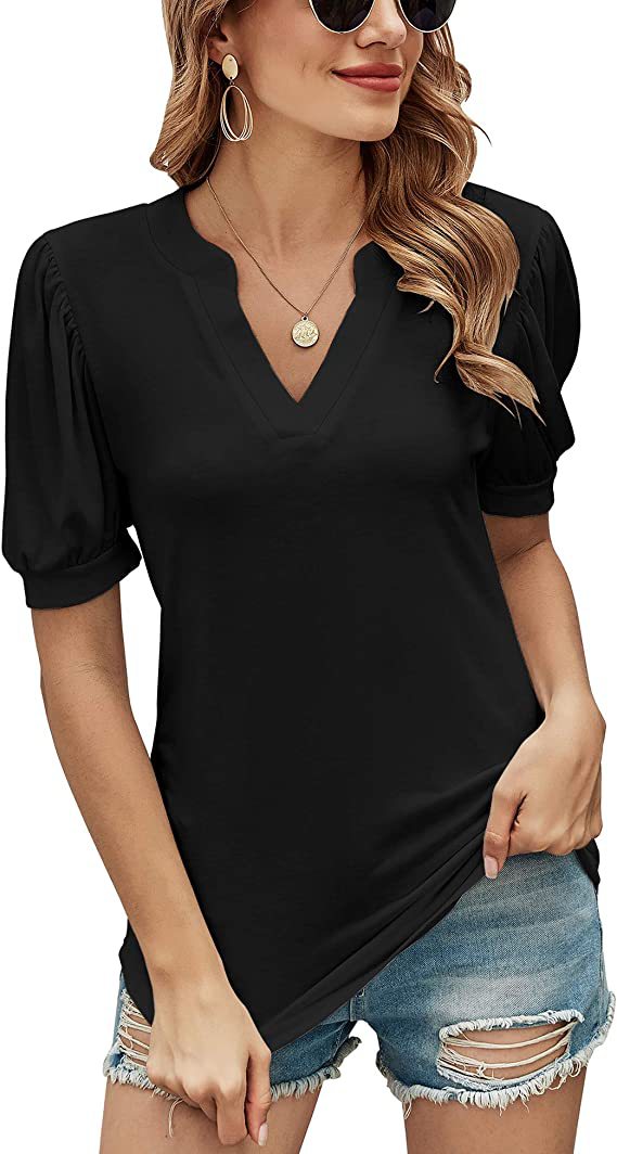 Women's Casual V-neck Solid Color Puff Sleeve Loose Tops