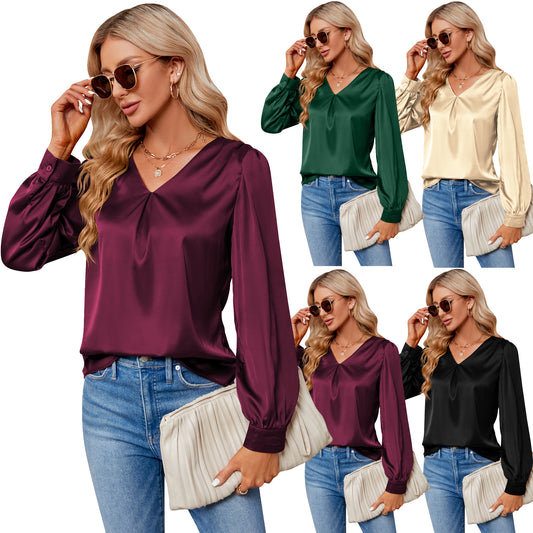 Blouses de chemise à manches longues plissées en satin créatif pour femmes