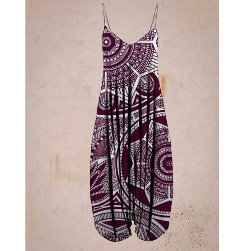 Schöner, lockerer Strand-Jumpsuit mit Print und Hosenträgern für Damen