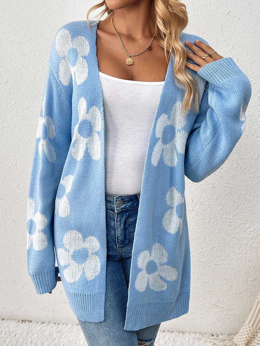 Women's Loose Contrast Color Flower Long Sleeve Sweaters