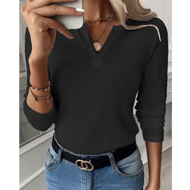 Long Sleeve Waffle Grid Solid Color Blouses