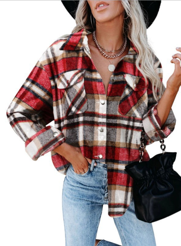 Women's Woolen Shirt Long Sleeve Plaid Blouses