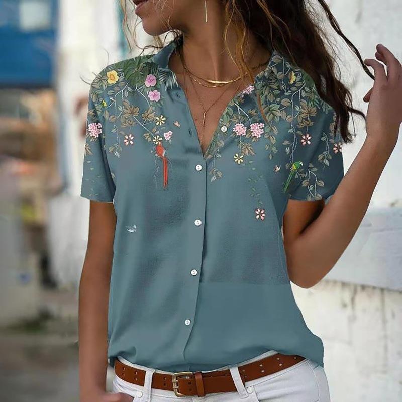 Women's Fashion Print Casual Short-sleeved Loose Button Blouses