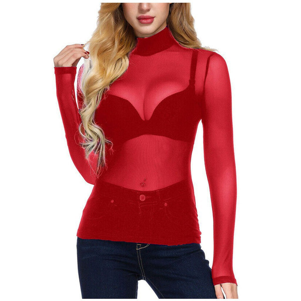 Women's Sexy Ultra Slim Mesh Stretch Tight Long Sleeve Half Blouses