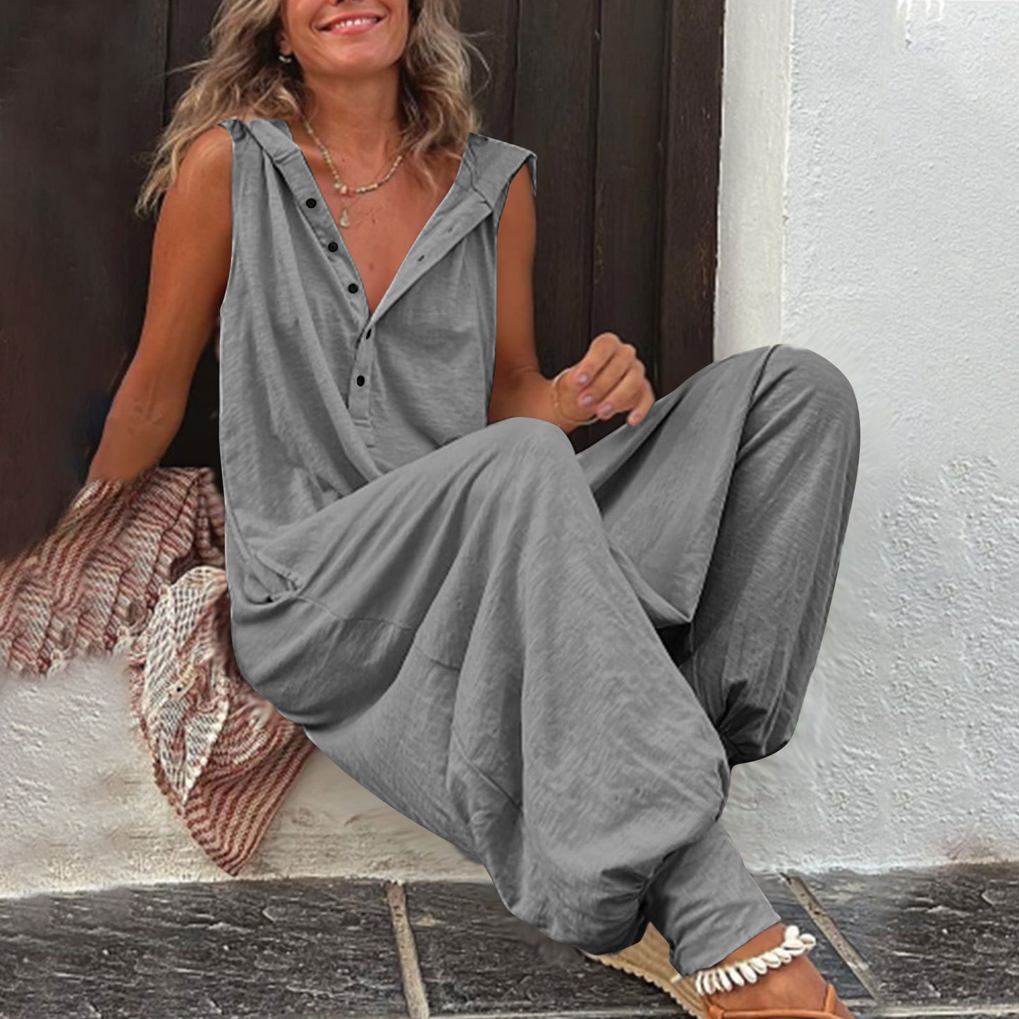 Damen Jumpsuit mit Knopfleiste, Kapuze, ärmellos, Baggy-Overall