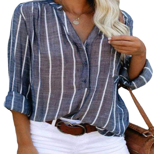 Women's Shirt Striped Half Casual Long Sleeve Blouses