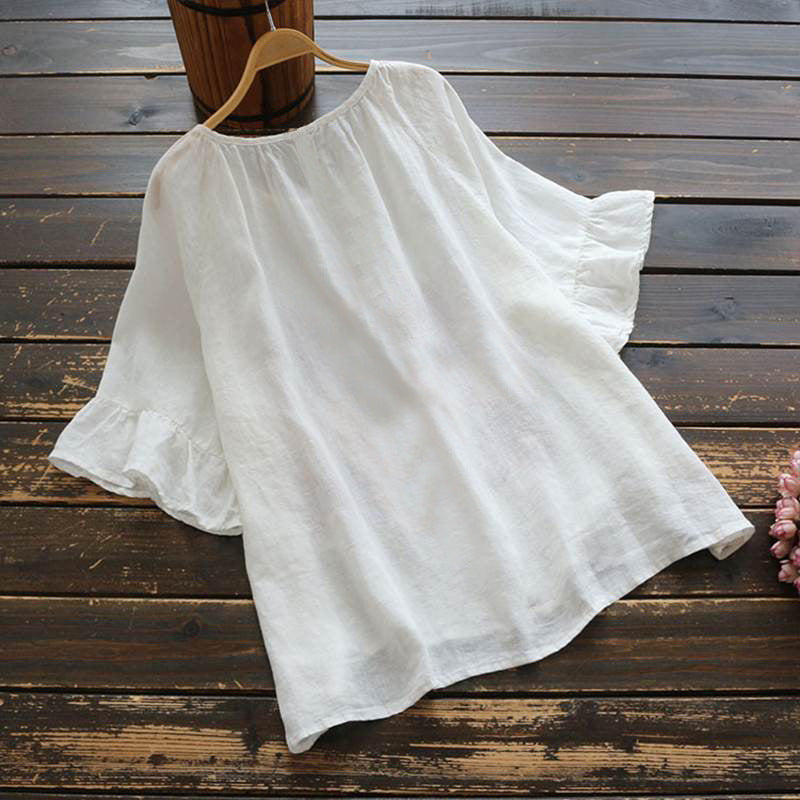 Women's Color Sleeve Ruffle Summer Cotton Linen Blouses