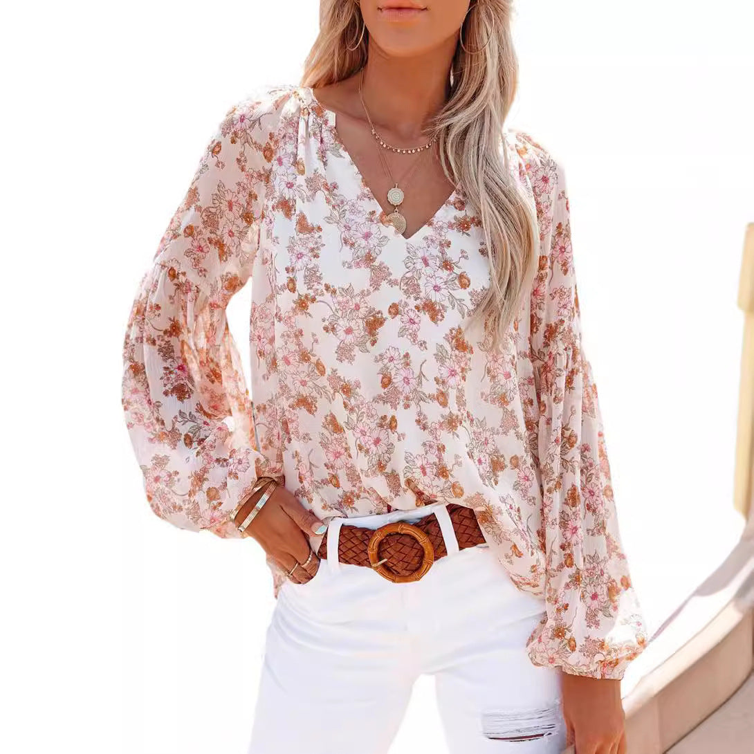 Women's Autumn T-shirt Floral Chiffon Shirt Blouses