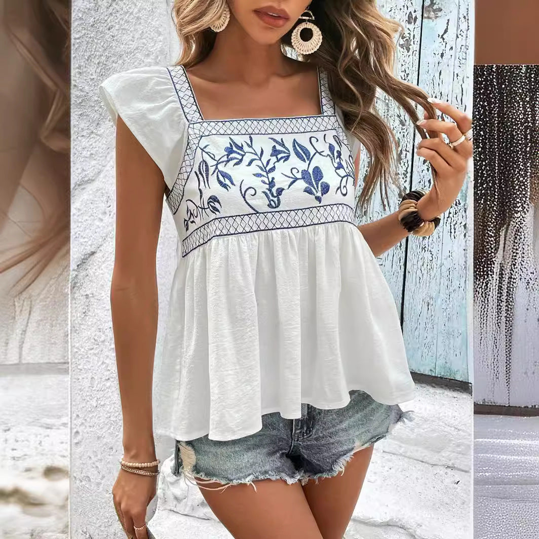 Women's Summer Embroidery Square Collar Flying Sleeves Blouses