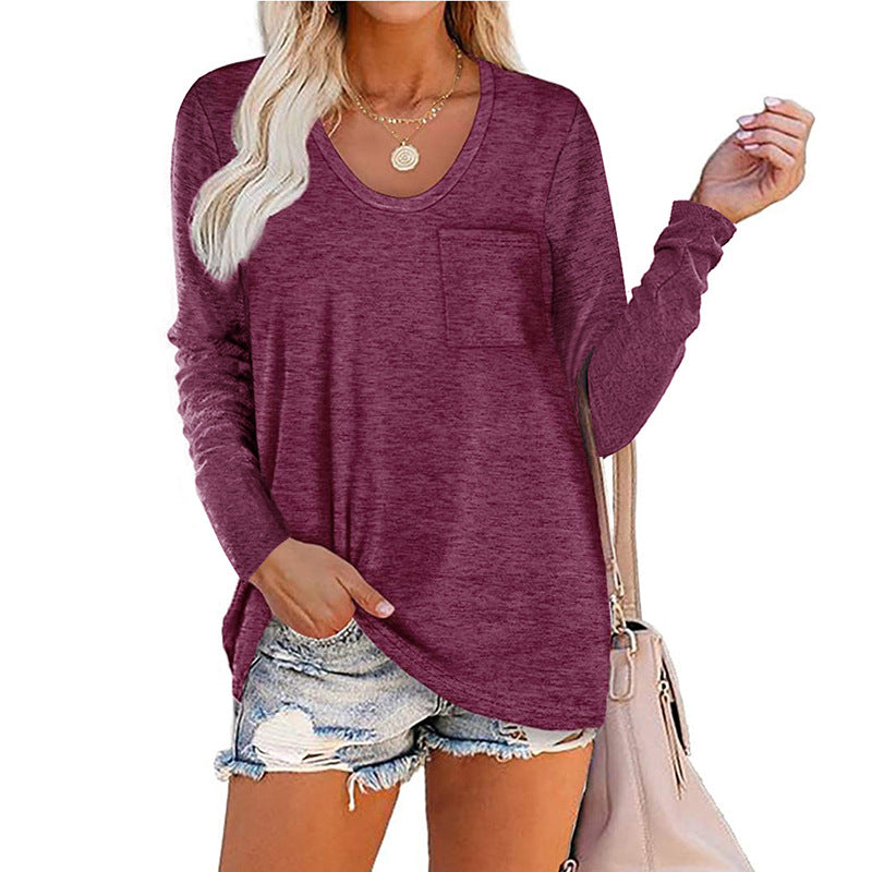 Women's T-shirt Round Neck Striped Pocket Long Sleeve Casual Tops