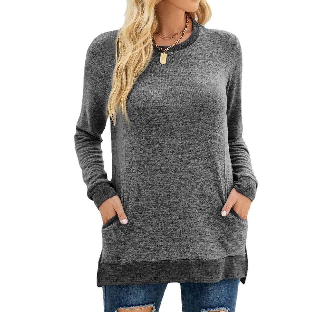 Women's Round Neck Multicolor Pocket Long Sleeve Tops