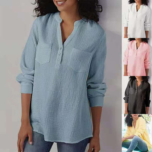 Women's Long Sleeve V-neck Pocket Cotton Linen Blouses