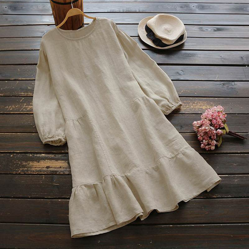 Women's Style Solid Color Cotton Linen Dress Patchwork Ruffled Dresses