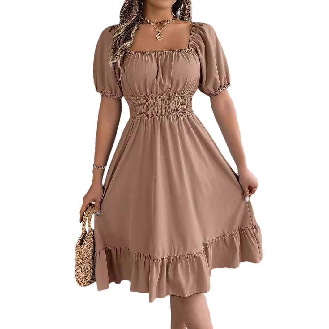 Women's Casual Square Collar Sleeve Waist Trimming Ruffles Dresses