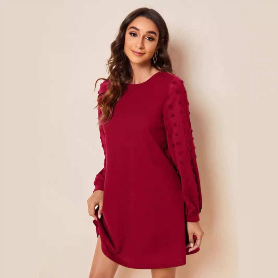 Women's Round Neck Long Sleeve Pure Color Mesh Dresses