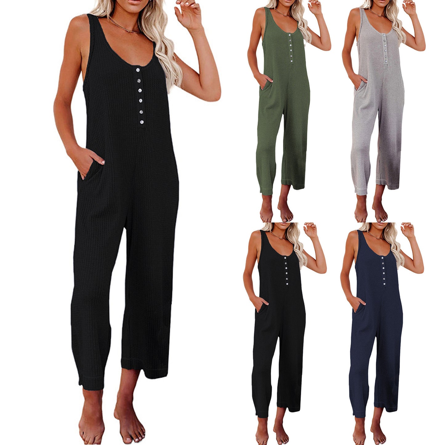 Women's Summer Solid Color Buckle Pocket Casual Jumpsuits