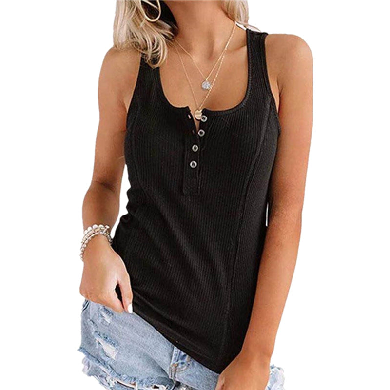 Women's Solid Color Buttons Sleeveless T-shirt Tops