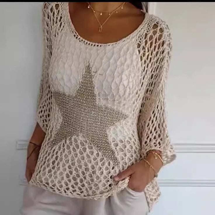 Damen Sommer Fünf-Sterne Rundhals Pendler Elegante Strickmode mit kurzen Ärmeln