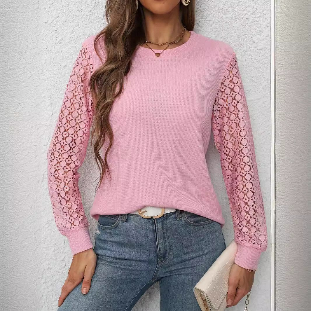 Women's Waffle Long Sleeve Crew Neck T-shirt Blouses