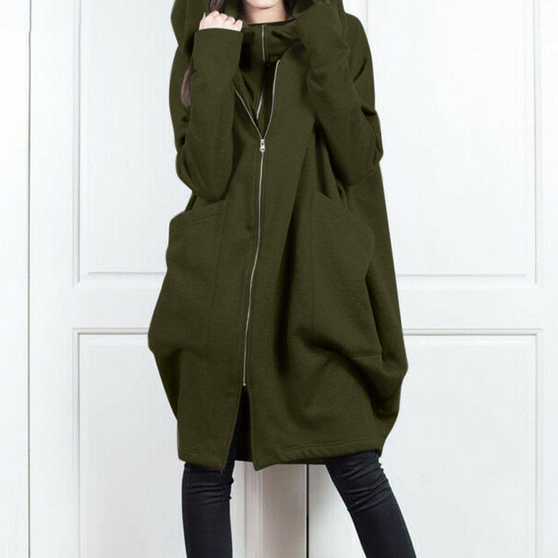 Women's Hooded Pocket Sweatshirt Zipper Mid-length Fake Coats