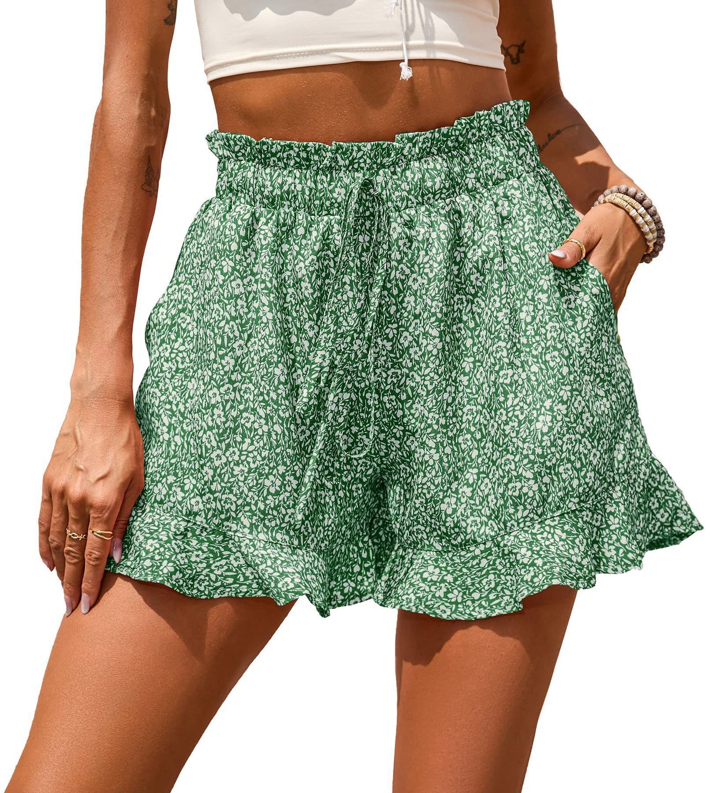 Damen Sommer Chiffon Casual Pocket Floral Shorts