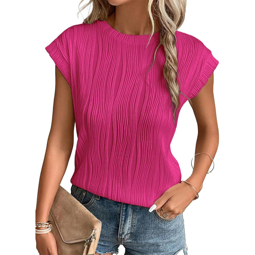 Women's Round Neck Short-sleeved Textured T-shirt Blouses