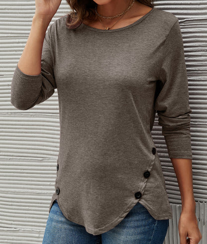 Irregular Button Hem Long Sleeve Round Blouses