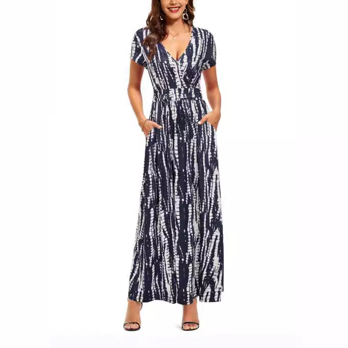 Women's Printed Chest Wrap Sleeve Pocket Dress Dresses