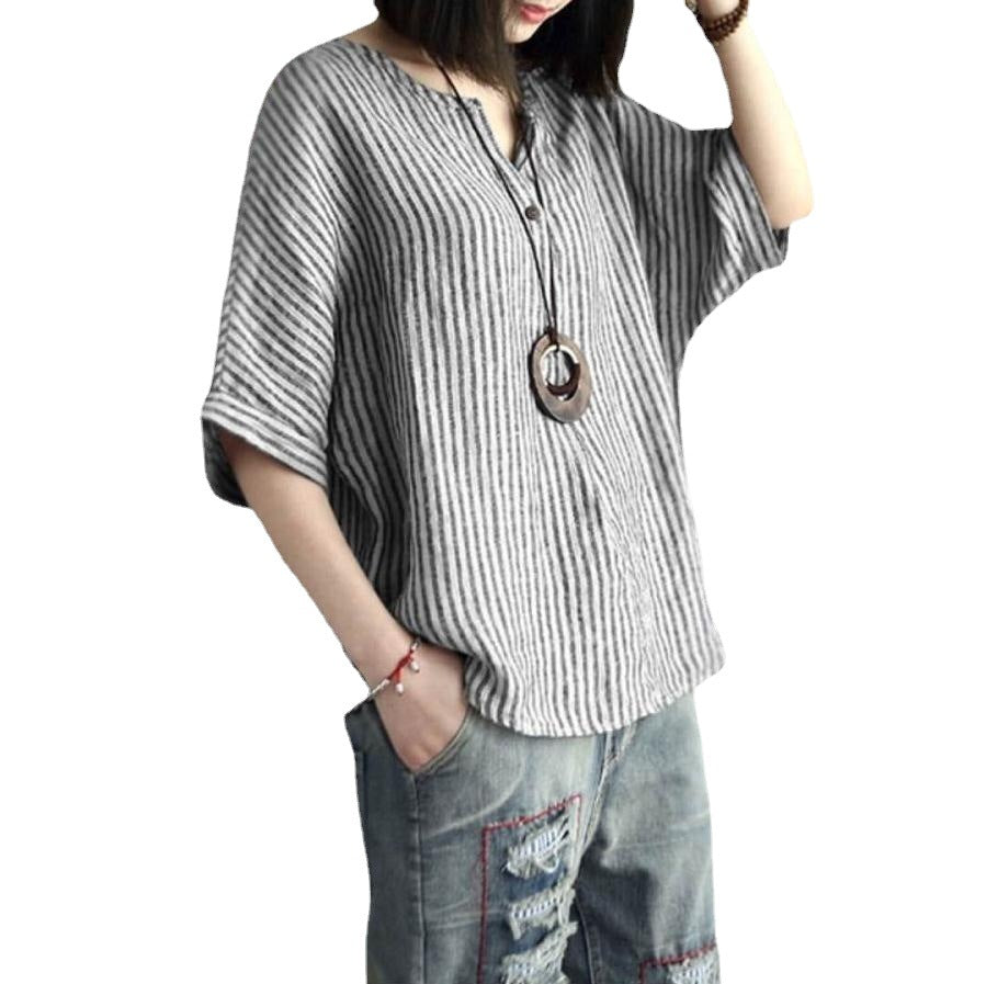 Women's Batwing Sleeve T-shirt Striped Cotton Leisure Blouses