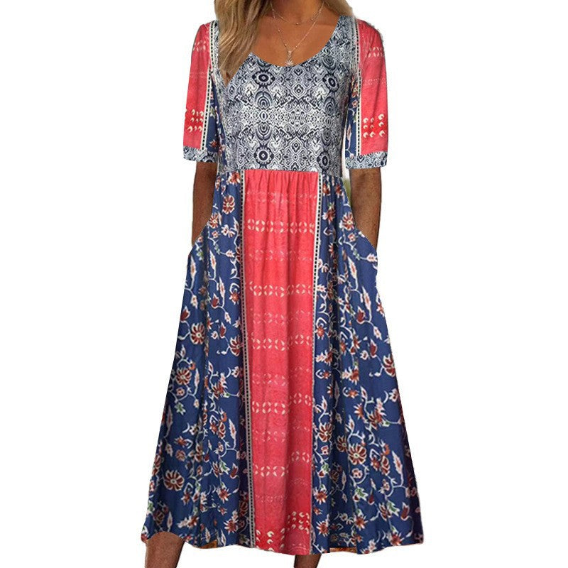 Women's Summer Printed Sleeve Round Neck Mid-length Dresses