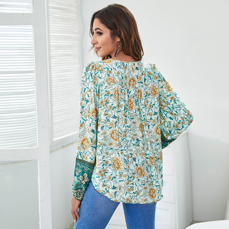 Spring Collar Printed Loose Lantern Long-sleeved Tops