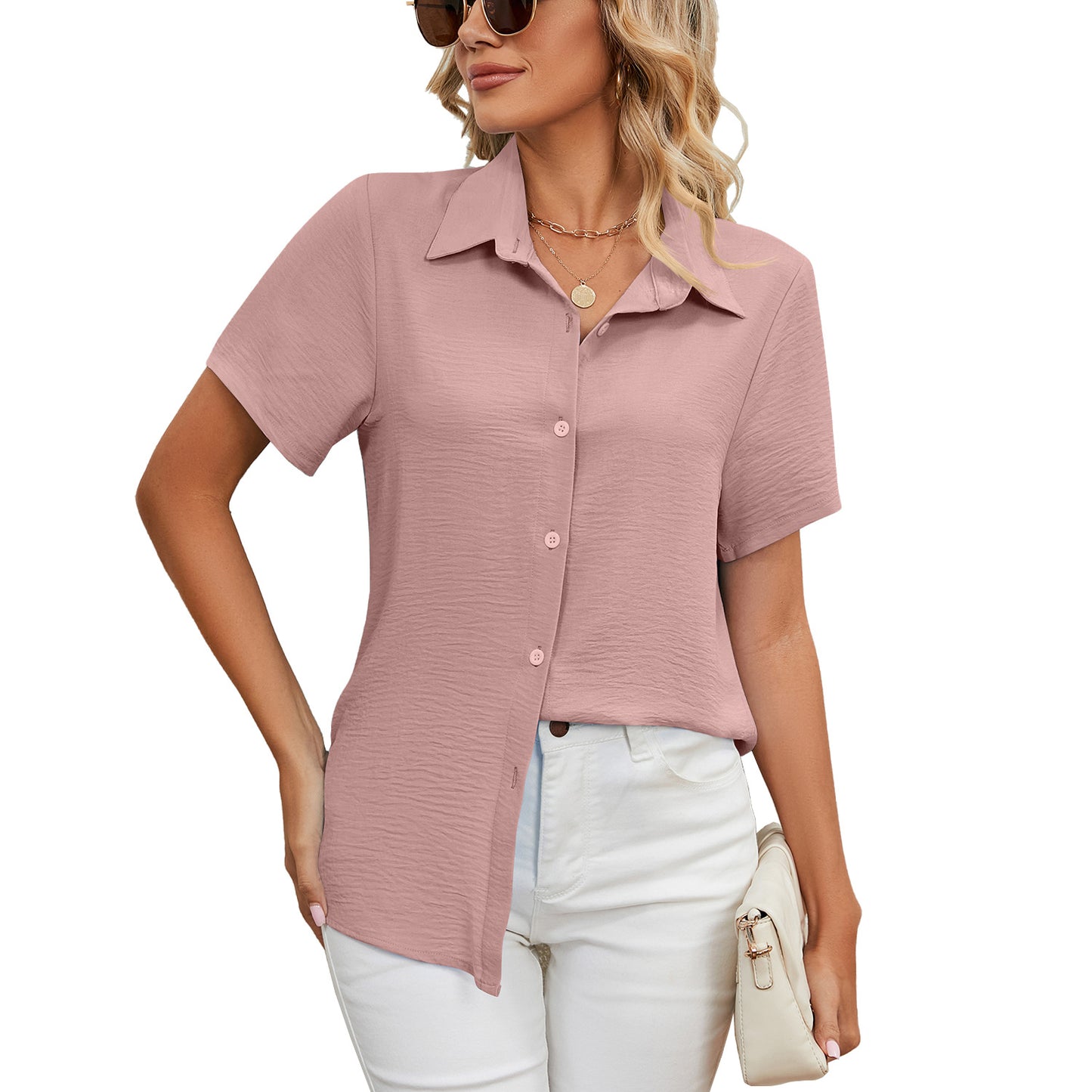 Women's Loose Sleeves Button V-neck Solid Color Blouses