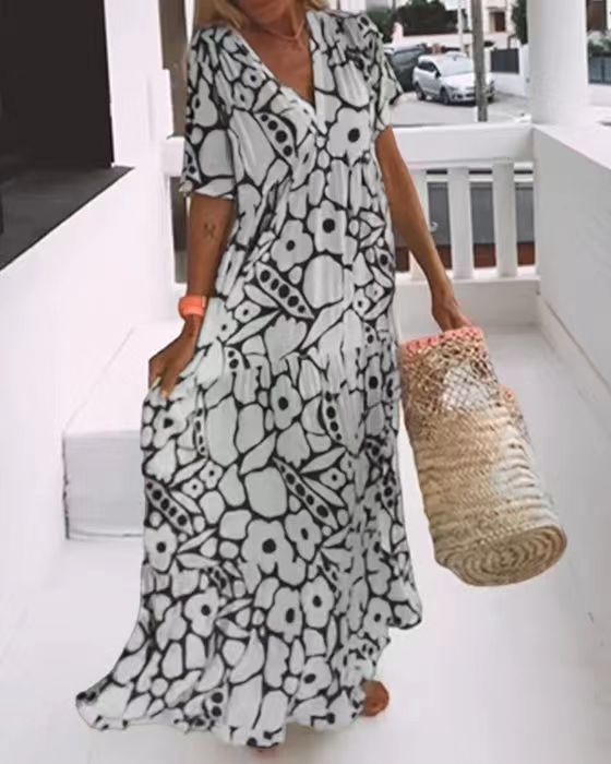 Women's Summer Printed Short-sleeved Deep Long Dress Dresses